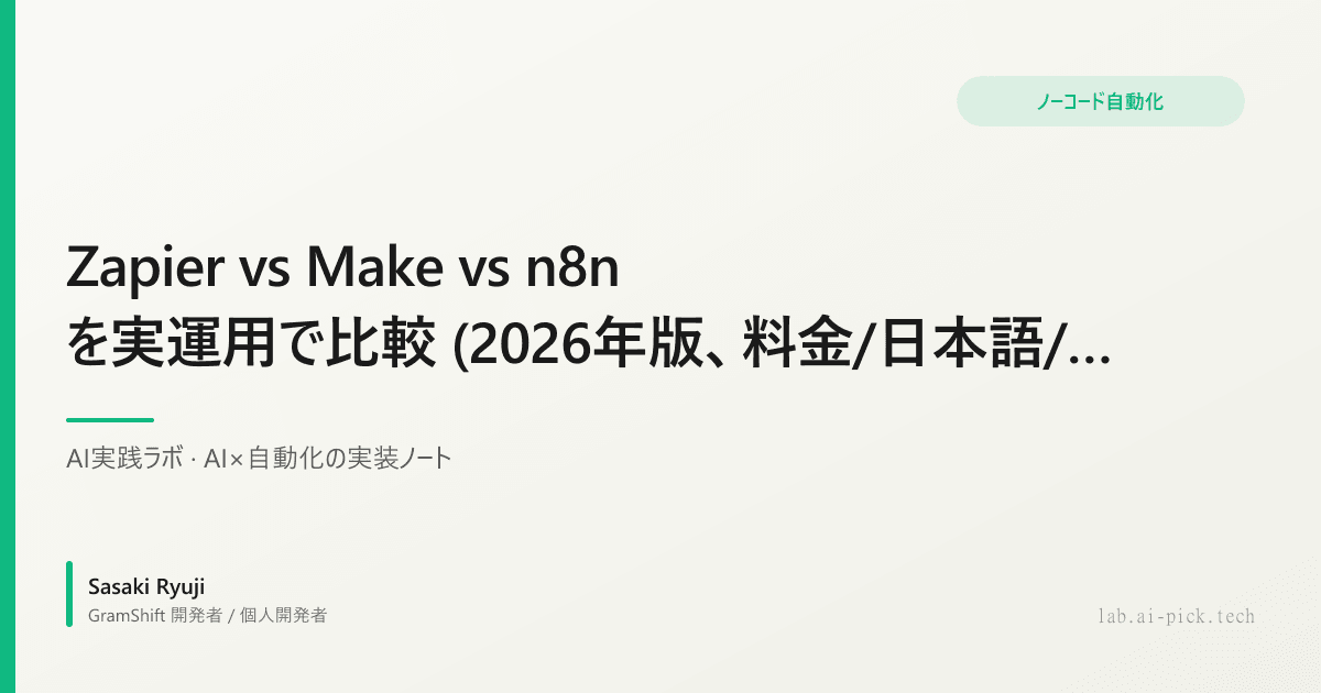 Zapier vs Make vs n8n を実運用で比較 (2026年版、料金/日本語/連携先)